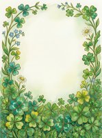 Watercolor floral frame with green shamrocks, clover leaves, daisies, and forget-me-nots surrounding a soft white copy space center.