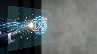 Businessman hand touching digital gear interface with glowing connections and data streams representing automation technology and innovation solutions.