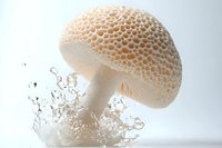 Delicate white mushroom emerging from water splash on light background, creating dynamic motion effect with droplets and ripples. Artistic food photography.