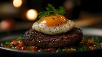 Juicy grilled beef steak topped with sunny side up egg, seasoned with black pepper and fresh herbs, served on dark plate with cherry tomatoes and bokeh background.