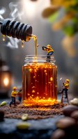 Miniature workers collecting golden honey dripping from dipper into glass jar, creative food photography with tiny figurines and natural lighting effect.