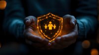 Glowing orange shield with family icon held in protective hands against dark background, symbolizing security, protection and family care concept.