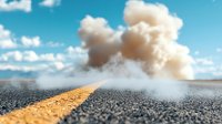 Yellow line on asphalt road disappearing into fog and clouds, dramatic atmospheric perspective with selective focus creating surreal landscape scene.