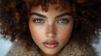 Close up portrait of young mixed race woman with natural curly afro hair, bright blue eyes, freckles and full lips against blurred background. Artistic beauty shot.