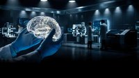 Glowing human brain hologram held by gloved hands in a high-tech laboratory, symbolizing neuroscience, AI research, and medical innovation.