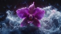 Vibrant purple orchid flower with water droplets and frost crystals, set against a dramatic dark blue sky with swirling mist and clouds for botanical and nature designs.