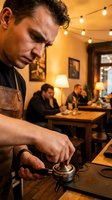 Professional barista preparing espresso coffee in cozy cafe with warm lighting and customers dining in background for hospitality industry.