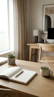 Minimalist workspace with open notebook, pen, and green tea on wooden desk near window with neutral curtains and vanity mirror.