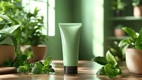 Green cosmetic tube with natural skincare product surrounded by fresh mint leaves and potted plants on wooden surface in soft sunlight. For beauty and wellness.