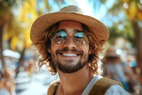 Happy young Hispanic man with curly hair wearing straw hat and sunglasses smiling outdoors on sunny street for summer vacation travel lifestyle.