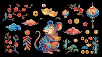 Rat figurine with red plum blossoms, gold coins, and lanterns isolated on transparent background. Ready for t-shirt design, clipart, stickers, print-on-demand, and sublimation projects.