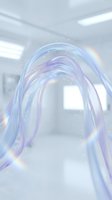 Holographic iridescent waves flowing through modern white interior space with rainbow reflections and sparkling particles for futuristic design concepts.