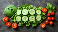 Fresh cucumber slices arranged on green lettuce leaves with cherry tomatoes and cucumber decorated as smiling face on dark stone background.