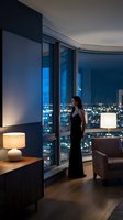 Elegant woman in black dress standing by floor-to-ceiling windows in luxury apartment with city lights view at night for lifestyle and real estate concepts.