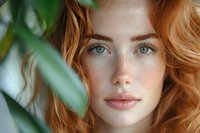 Close up portrait of young redhead woman with freckles and blue eyes looking through green leaves, natural beauty concept for skincare and cosmetics.