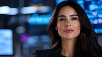 Young Hispanic businesswoman with confident smile against blurred blue office background, long dark hair and professional appearance for corporate portrait.
