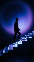 Silhouette of male professional in business suit climbing illuminated staircase against blue and purple gradient background, representing career growth and success.