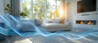 Ethereal blue light waves flow through modern living room with fireplace and large windows, creating magical atmosphere in blurred interior space.