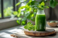 Fresh green smoothie in glass bottle with mint leaves on wooden board near sunny window. Healthy detox drink for wellness lifestyle and nutrition.