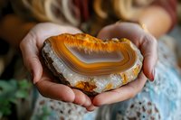 Hands holding polished orange agate crystal slice with natural banded pattern and raw edges, displaying vibrant layers of translucent mineral formation.