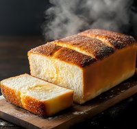 Fresh baked milk bread loaf with golden crust and soft texture on wooden cutting board, steam rising, one slice cut, dark moody background.