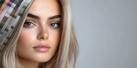 Young blonde woman with natural makeup and glowing skin on gray background. Professional beauty portrait showcasing fresh complexion and blue eyes.