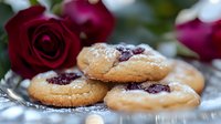 Homemade thumbprint cookies with raspberry jam filling dusted with powdered sugar, served on silver plate with red roses in soft focus background.