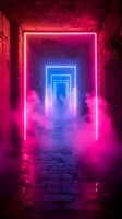 Neon lit corridor with pink and blue glowing rectangular frames creating infinity effect, smoke and brick walls in dark atmospheric tunnel setting.
