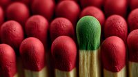 Green matchstick standing out from red matches in row, symbolizing individuality, leadership, and difference in business concept.