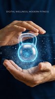 Male hands holding glowing digital kettlebell with particle effects against dark blue background, representing technology-driven fitness, health tracking, and modern wellness solutions.