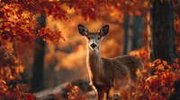 Young deer standing alert in autumn forest with vibrant orange and red maple foliage creating a warm, glowing backdrop. Perfect for seasonal nature publications.