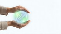 Close-up of hands holding glowing green holographic sphere with human figure icon, representing care, wellness, health technology and digital innovation.