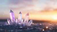 Magical crystal quartz formation glowing at sunset with sparkles and bokeh effects against warm sky background, mystical mineral stones in nature.