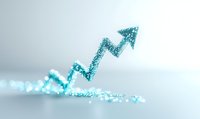 Sparkling blue arrow graph trending upward on light background, symbolizing business growth, financial success, and positive economic indicators.
