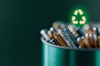 Used batteries in green recycling container with glowing recycle symbol above, environmental concept for proper battery disposal and waste management.