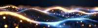 Abstract digital wave landscape with glowing golden and blue particles flowing across dark background, creating luminous terrain with sparkling light effects.