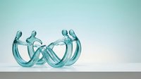 Abstract turquoise glass sculpture with flowing curved forms creating dynamic movement on clean white surface against soft gradient background.