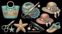 Boho summer craft set with crochet tools, straw hats, tote bag, starfish, sandal, and scissors isolated on transparent background for clipart, stickers, sublimation.