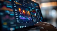 Financial market data visualization with glowing charts, graphs and statistics on multiple dark screens. Trader analyzing stock exchange information.