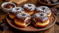 Fresh chocolate glazed donuts with powdered sugar dusting on rustic ceramic plate, one cut in half showing soft texture, dark chocolate pieces and sauce.
