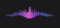 Modern city skyline silhouette in purple and pink gradient against dark background, reflecting urban landscape with skyscrapers and buildings.