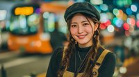 Young Asian woman with braided hair wearing black beret and leather jacket smiling at camera on busy city street at night with colorful bokeh lights and bus background.