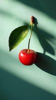 Fresh red cherry with green leaf casting shadow on mint green wall, minimalist food composition with natural light and shadow play.