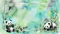 Watercolor panda bears with bamboo leaves frame on soft green and blue background for nursery decor, greeting cards and nature-themed designs.