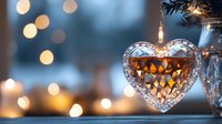 Crystal heart shaped ornament with glowing warm light inside against blurred bokeh background, romantic holiday decoration creating cozy festive atmosphere.
