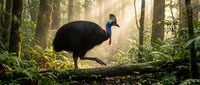 Large black cassowary bird standing on fallen log in misty rainforest with golden sunlight filtering through dense tropical vegetation and trees.