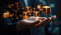 Glowing blockchain cubes floating above open palm against dark background, connected by luminous network lines, representing digital technology and cryptocurrency concept.