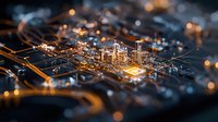 Glowing orange circuit board with futuristic microchip architecture and bokeh light effects, macro view showing technological details and electronic pathways in dark background.