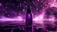 Cosmetic dropper bottle on reflective surface with magical purple bokeh lights and glowing particles in mystical atmosphere. Luxury skincare product presentation.