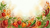 Spicy hot peppers and roses with decorative flames border on isolated white background, suitable for food packaging, recipe design, and culinary branding.